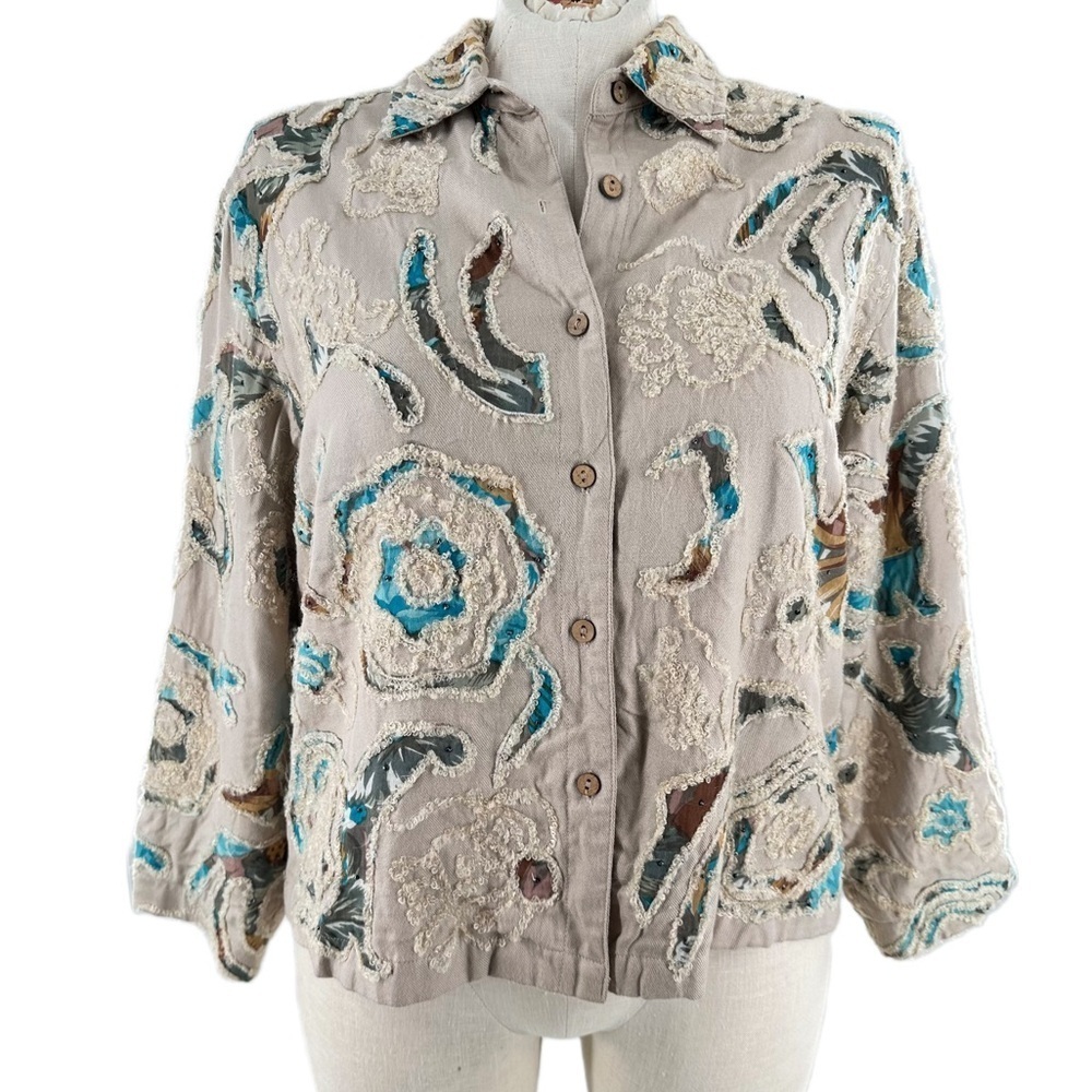 Coldwater Creek blazer size 16 tan blue embroidered floral coastal granny - Picture 9 of 9